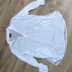 Forcynthia Beachwear White 50% Linen V Neck Tunic Shirt Cover Up with Pockets XL